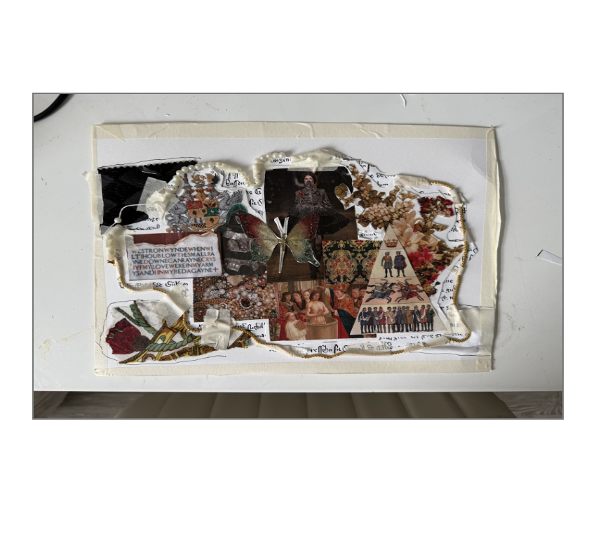 Physical mood board — tactile research collage exploring texture, pattern, and narrative